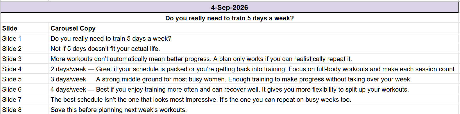 Slide-by-slide copy for a fitness carousel