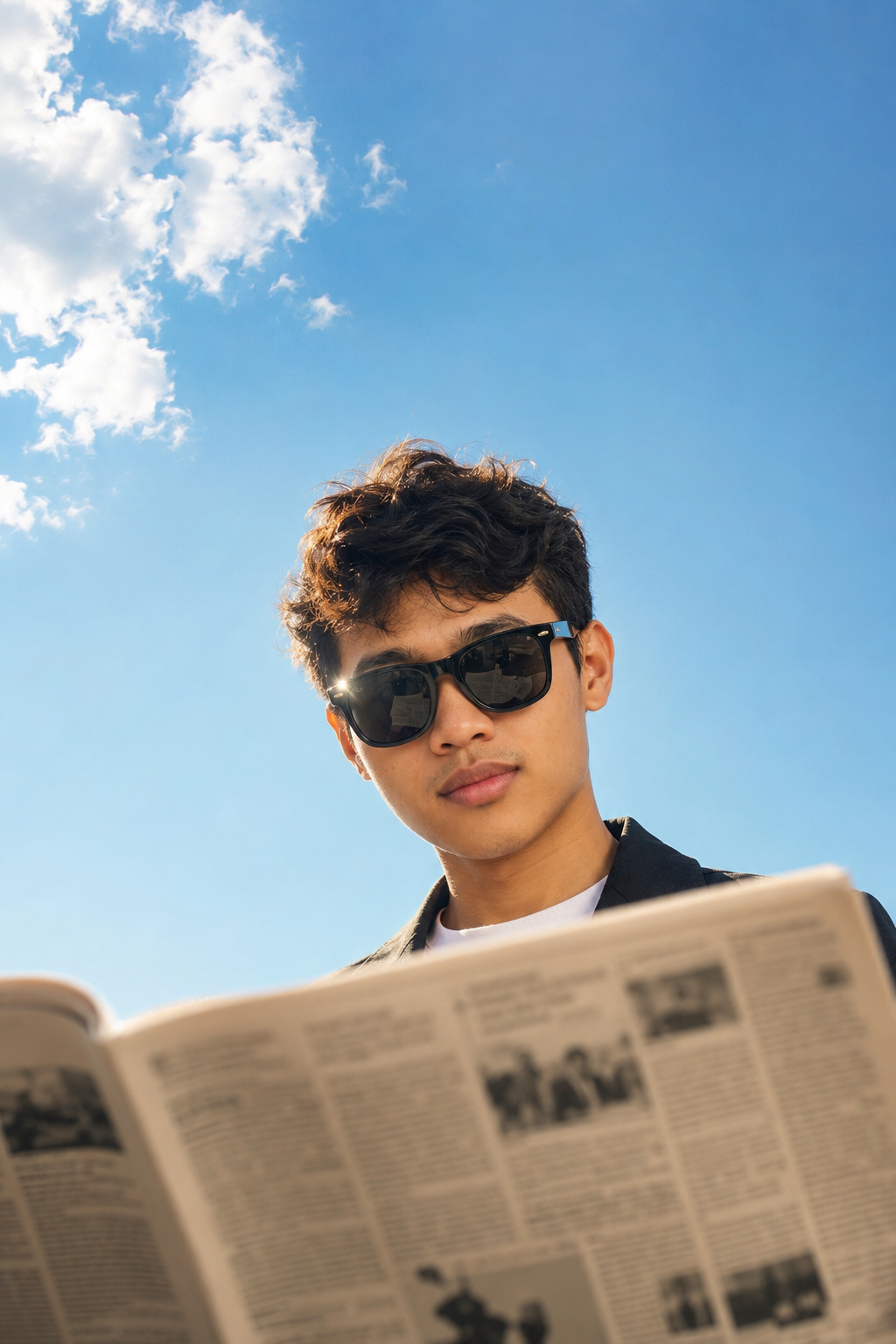 Mohamad Rohmanudin outdoors reading a newspaper