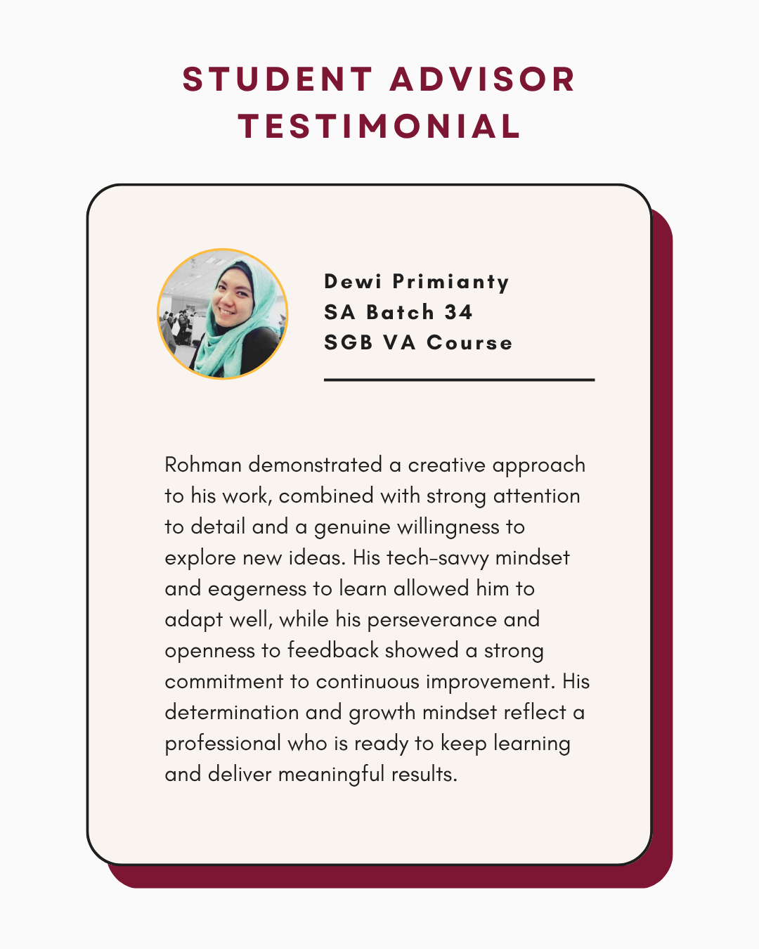 Original student advisor testimonial from Dewi Primianty
